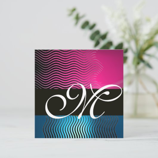 Invitation VAGUES STYLÉES MONOGRAMME, rose, saphir bleu (Debout devant)