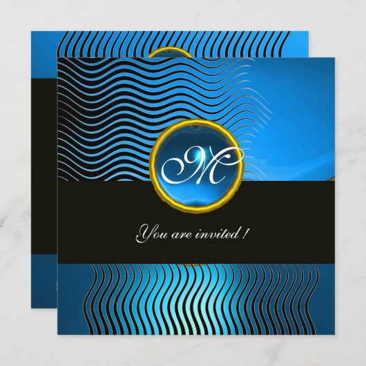 Invitation VAGUES STYLÉES MONOGRAMME, saphir bleu (Devant / Derrière)