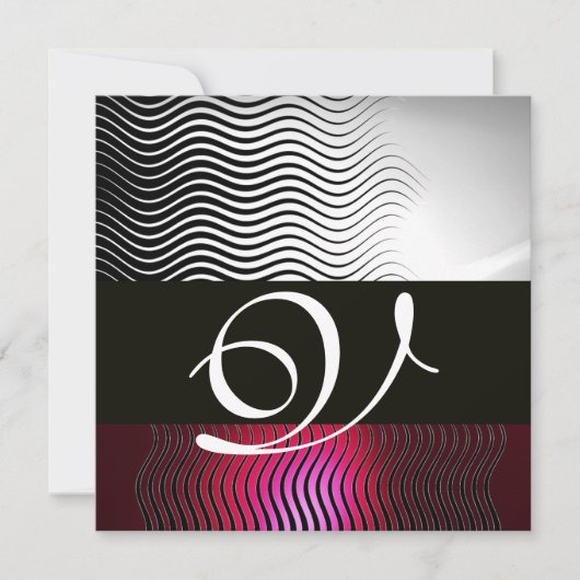 Invitation VAGUES STYLISEES MONOGRAMME,Blanc Rouge Rubis Bour (Devant)