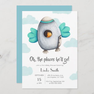 Invitation Vaisseau bleu et blanc avec Baby shower d'oiseaux