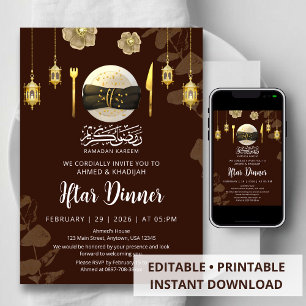 Invitation Vaisselle florale dorée pour dîner Iftar de Ramada