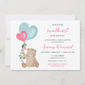 Invitation Valentine Bear Baby shower rose et bleu coeur (Devant)