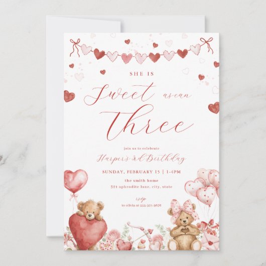 Invitation Valentine Bear Hearts Sweet Third Birthday Invite (Devant)