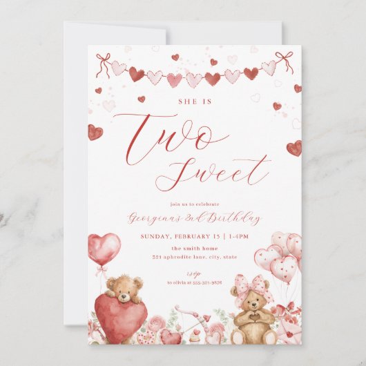 Invitation Valentine Bear Two Sweet Second Birthday Invite (Devant)