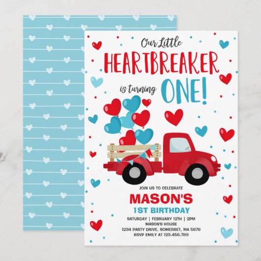 Invitation Valentine Heartbreaker 1er Anniversaire Red Blue T (Devant / Derrière)