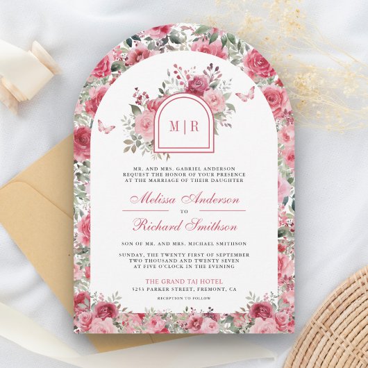 Invitation Valentine rose rose Roses papillon Arch Mariage