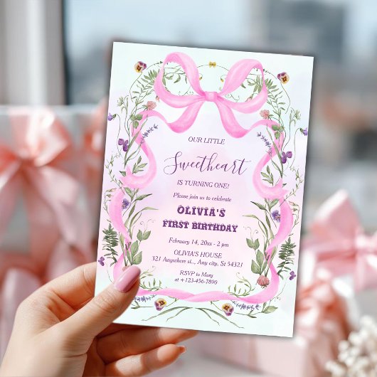 Invitation Valentine’s Day Floral Pink Bow First Birthday