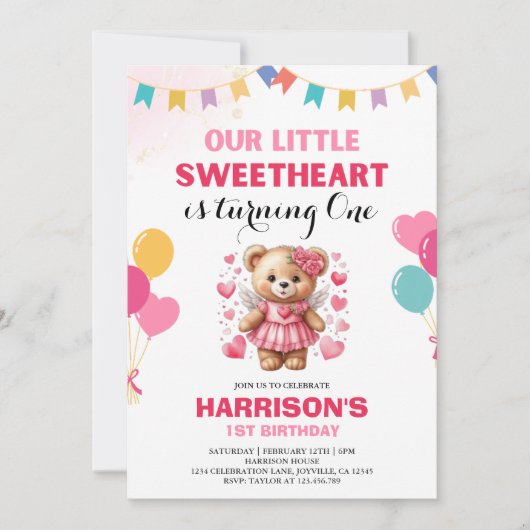 Invitation Valentine Sweetheart Pink Teddy Bear Anniversaire (Devant)