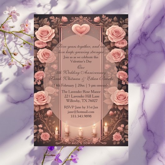 Invitation Valentines 5th Wedding Anniversary Burgundy Roses 