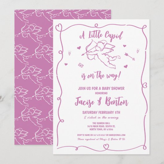 Invitation Valentines Baby shower Cupidé fille Rose amour (Devant / Derrière)