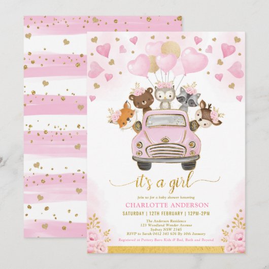 Invitation Valentines Baby shower de ballons d'or rose boisé (Devant / Derrière)