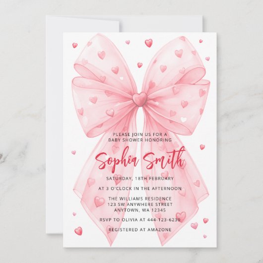 Invitation Valentines Baby shower de Coeurs Bow Rose (Devant)