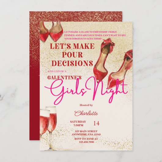 Invitation Valentines Filles Fête de nuit (Devant / Derrière)