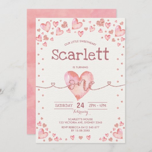 Invitation Valentines roses d'or rose amour 1er anniversaire (Devant / Derrière)