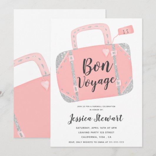 Invitation Valise Bon voyage argent rose fête de départ (Devant / Derrière)