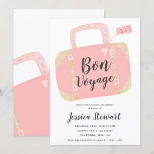 Invitation Valise bon voyage jaune or rose fête de départ