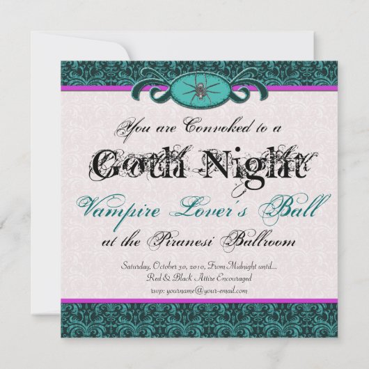 Invitation Vampire Lover's Ball Gothic Damask Vert & Noir (Dos)