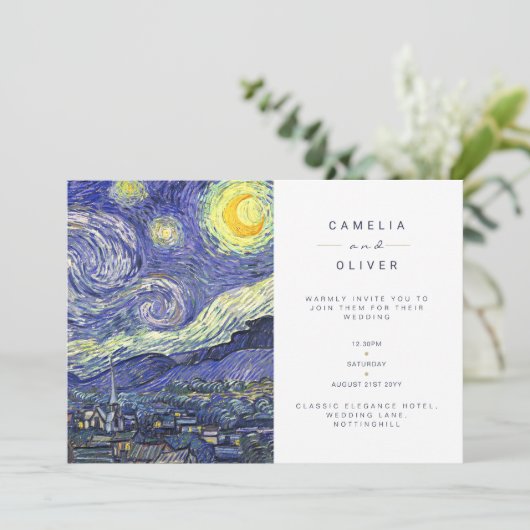 Invitation Van Gough Starry Nuit Mariage Inviter QR Code RSVP (Debout devant)