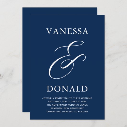 Invitation Vanessa Navy Blue Mariage moderne (Devant / Derrière)