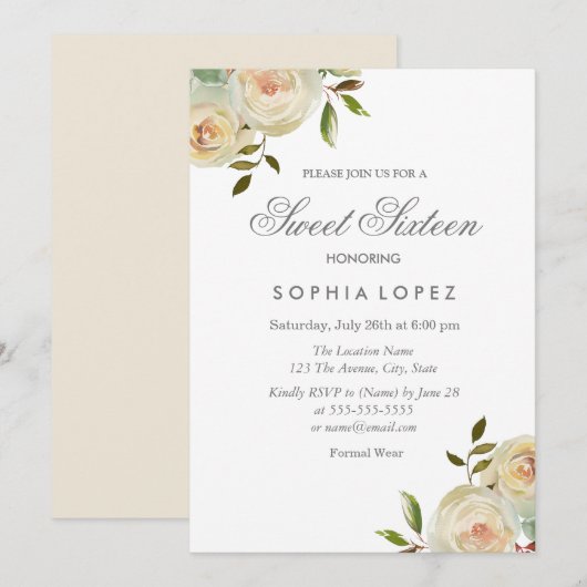 Invitation Vanille Crème Blanche Roses Élégant Sweet 16 Party (Devant / Derrière)