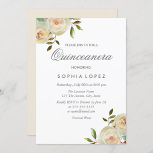 Invitation Vanille Crème blanche Roses Élégante Quinceanera