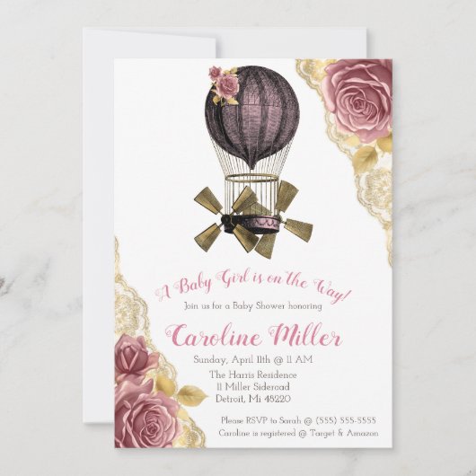 Invitation Vapeur rose et or Steampunk Hot Air Balloon Douche (Devant)