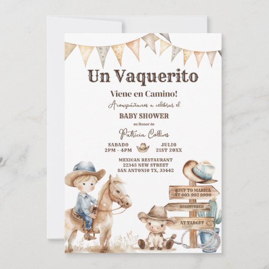 Invitation Vaquerito Cowboy Baby shower occidental espagnol (Devant)