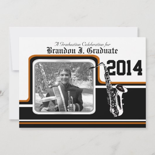 Invitation Varsity Band Saxophone Graduation Photo Orange (Devant)