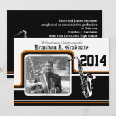 Invitation Varsity Band Saxophone Graduation Photo Orange (Devant / Derrière)
