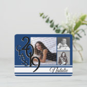 Invitation Varsity Blue 2019 Graduation Tri Photo (Debout devant)