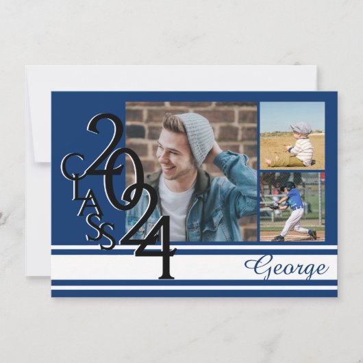 Invitation Varsity Blue 2024 Graduation Tri Photo (Devant)