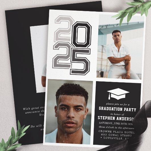 Invitation Varsity moderne Black Photo Party graduation