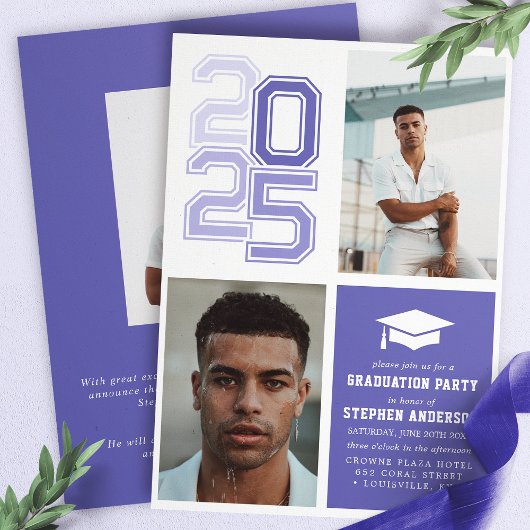 Invitation Varsity Moderne Purple Photo Party Graduation