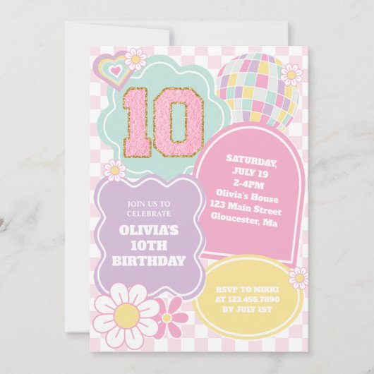 Invitation Varsity pastel patch 10e Anniversaire (Devant)