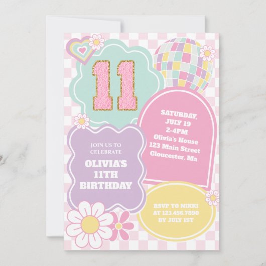 Invitation Varsity pastel patch 11e anniversaire (Devant)