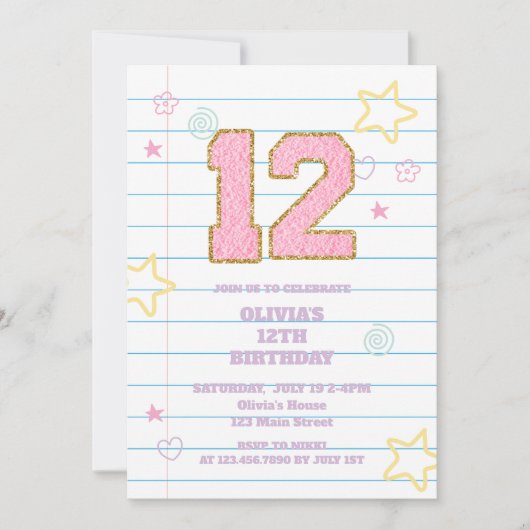 Invitation Varsity pastel patch carnet 12e anniversaire (Devant)