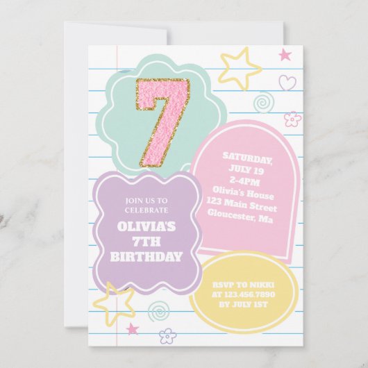 Invitation Varsity pastel patch carnet 7e anniversaire (Devant)