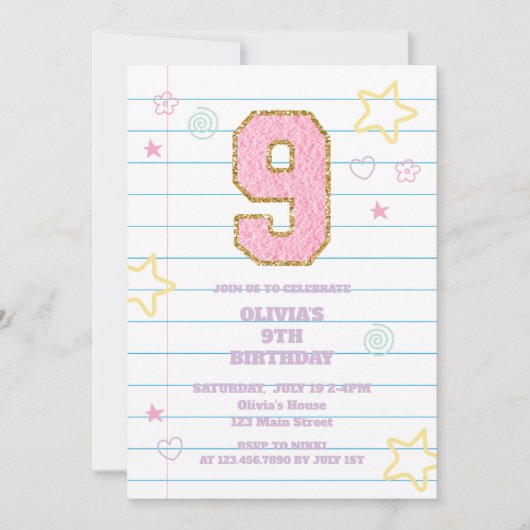Invitation Varsity pastel patch carnet 9e anniversaire (Devant)