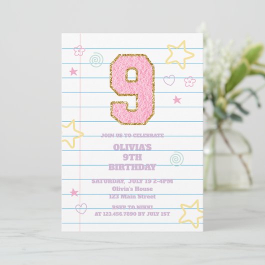 Invitation Varsity pastel patch carnet 9e anniversaire (Debout devant)