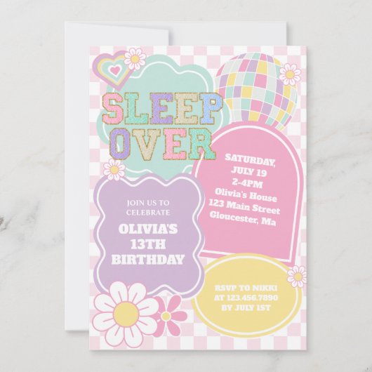 Invitation Varsity pastel patch Sleepover Anniversaire (Devant)