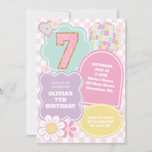 Invitation Varsity preppy pastel patch 7e anniversaire (Devant)
