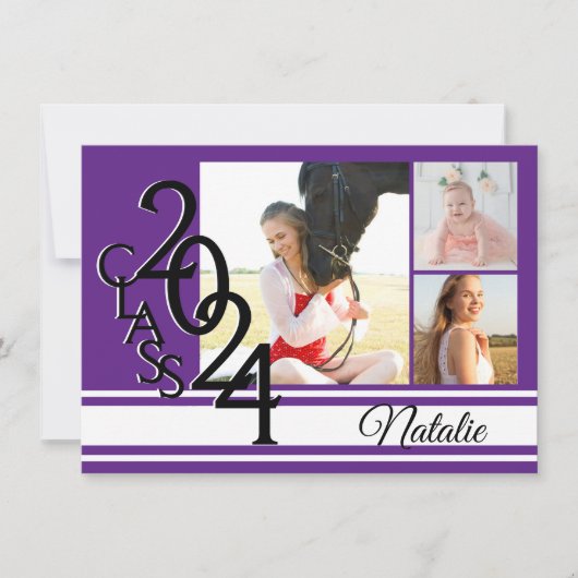 Invitation Varsity Purple 2024 Graduation Tri Photo (Devant)