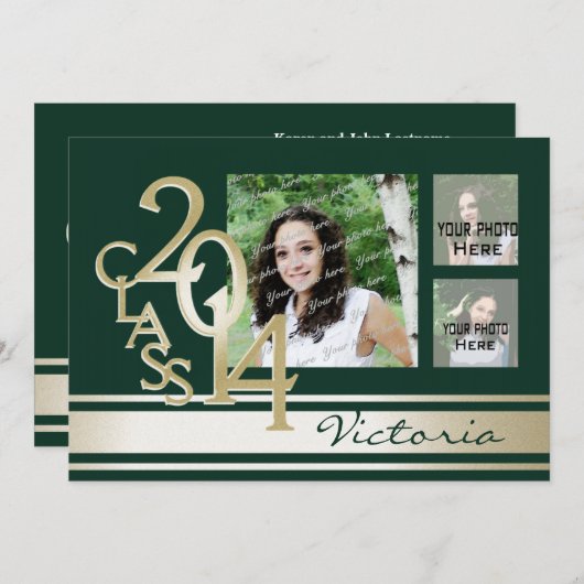 Invitation Varsity Stripe Tri photo vert et or (Devant / Derrière)