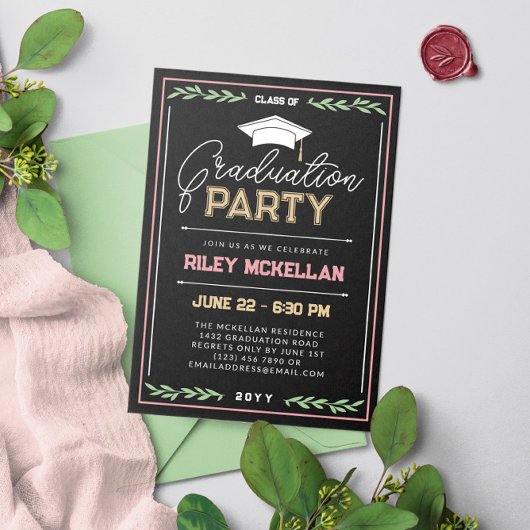 Invitation Varsity Typography Black Pink Graduation Party