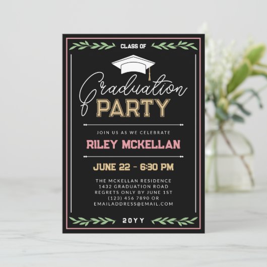 Invitation Varsity Typography Black Pink Graduation Party (Debout devant)
