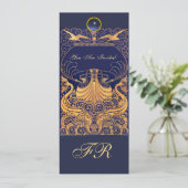 Invitation Vase Antique,Dauphins,Bleu Marine Monogramme Jaune (Debout devant)