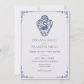 Invitation Vase d'art blanc bleu mariage (Devant)