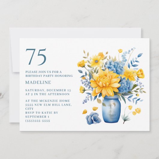Invitation Vase Jaune Fleurs Bleues 75e anniversaire (Devant)