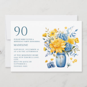 Invitation Vase Jaune Fleurs Bleues 90e anniversaire