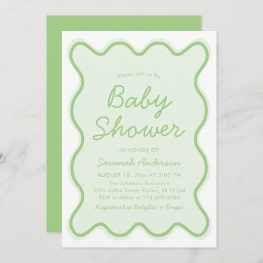 Invitation Vastes Moderne Courbe Retro Sage Baby shower Vert (Devant / Derrière)